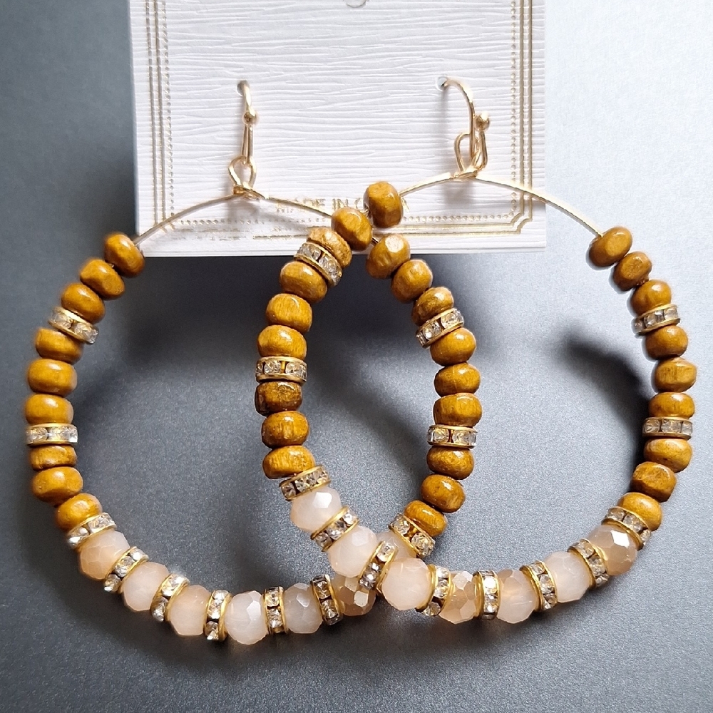 3 For $15 Pretty Gold, Cream & Tan Beaded Hoop Earrings - Picture 2 of 2